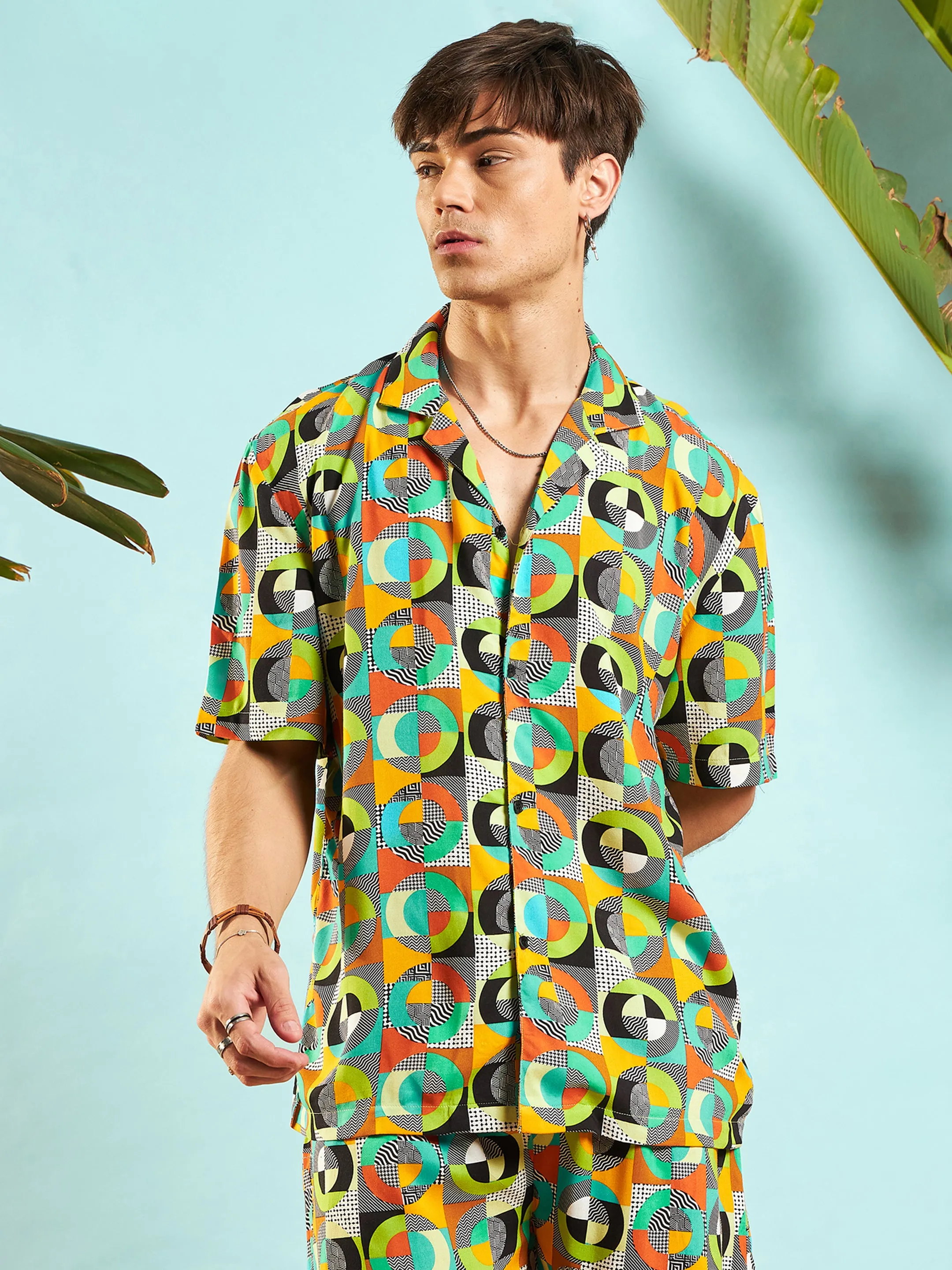 Men Green Multi Colour Geometric Relax Fit Shirt