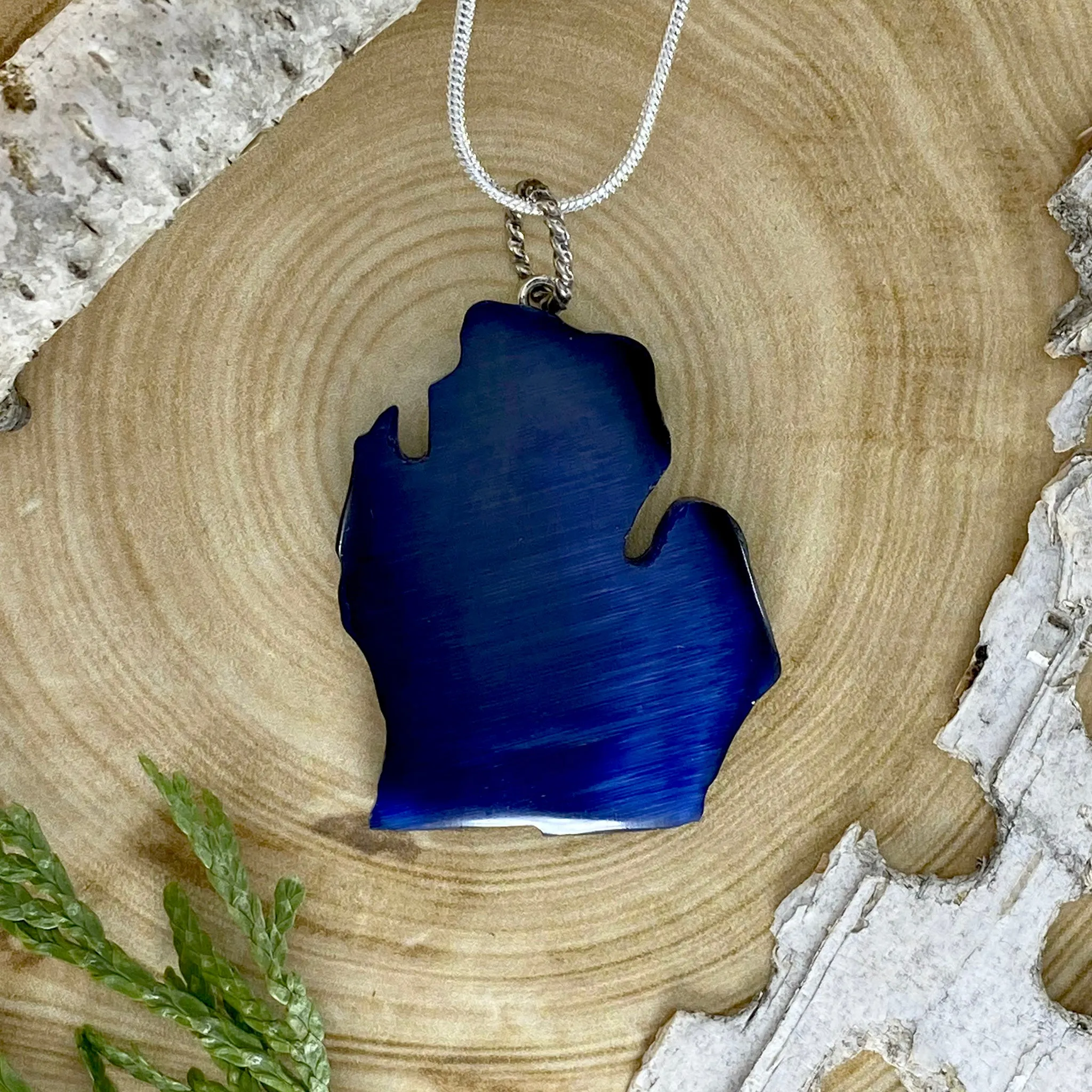 Michigan Shaped Fiber Optic Glass Pendant Necklace