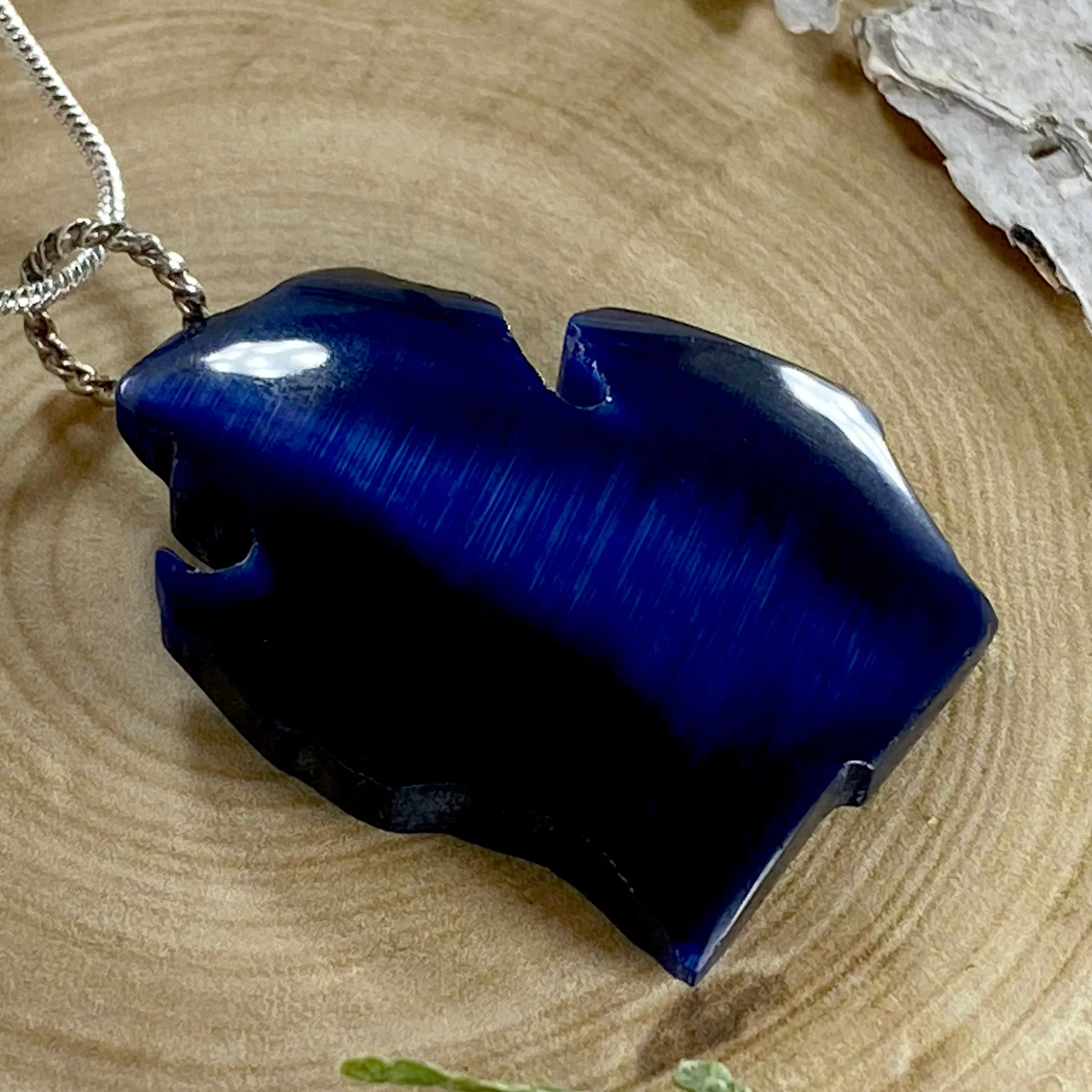 Michigan Shaped Fiber Optic Glass Pendant Necklace