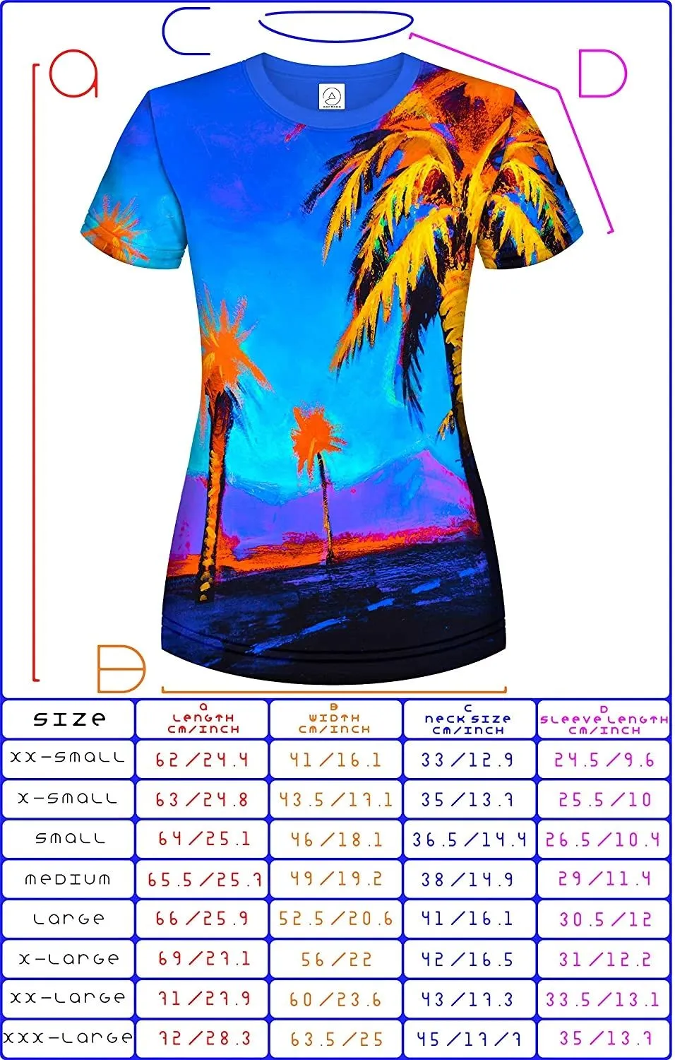 Neon Women Tee Shirt Glow in UV Fluorescent Hawaii Palm