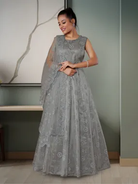 Odette Grey Net  Embroidered Stitched Gown  for Women