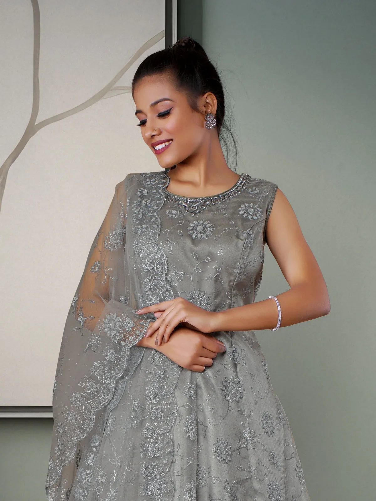 Odette Grey Net  Embroidered Stitched Gown  for Women