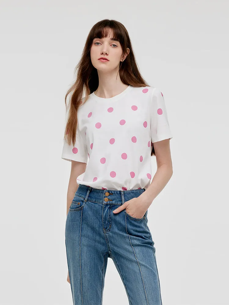 Polka Dots Printed Round Neck Women T-Shirt