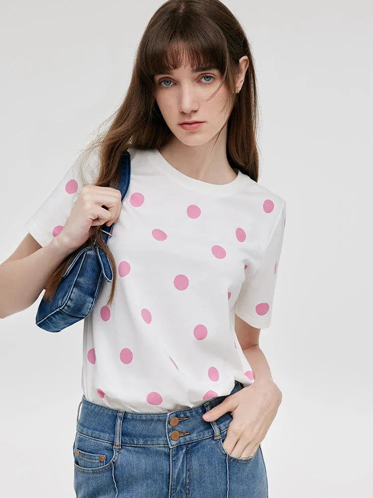 Polka Dots Printed Round Neck Women T-Shirt