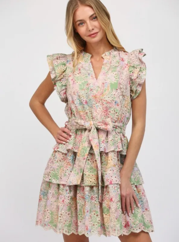 Printed Eyelet Lace Tiered Dress