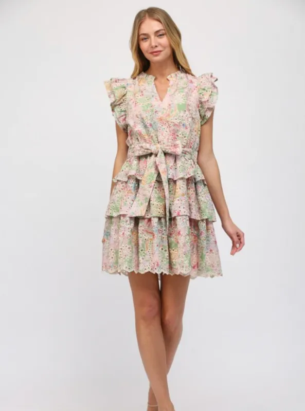 Printed Eyelet Lace Tiered Dress