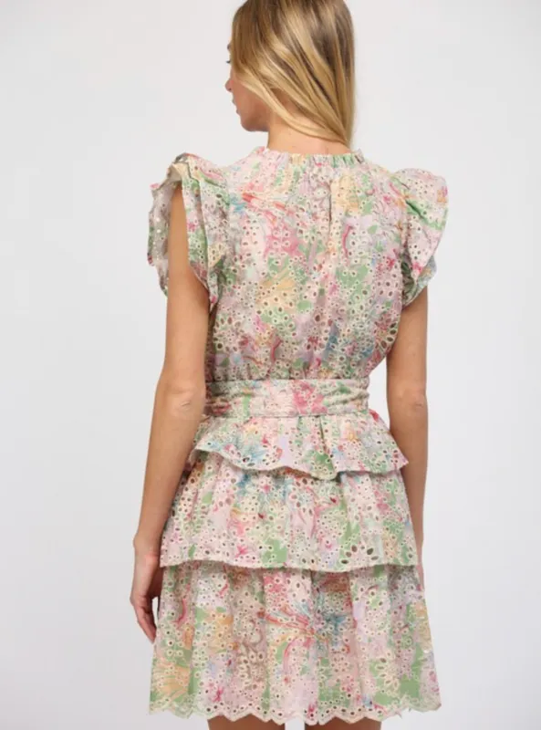 Printed Eyelet Lace Tiered Dress