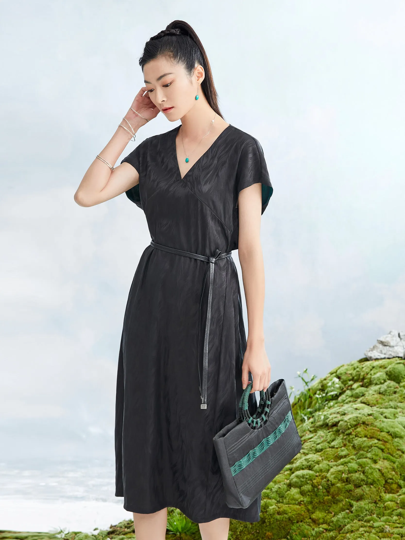 Revisible Moire Gambiered Guangdong Silk Dress