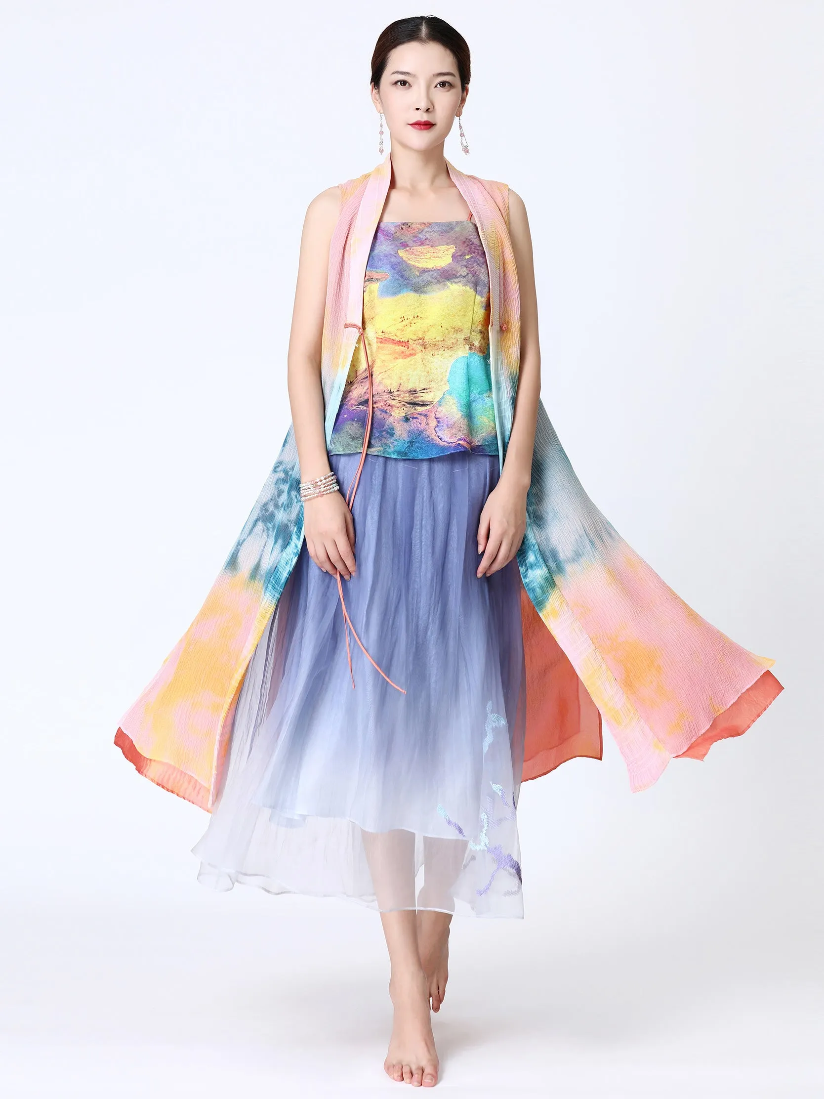 Silk embroidered dip-dye skirt