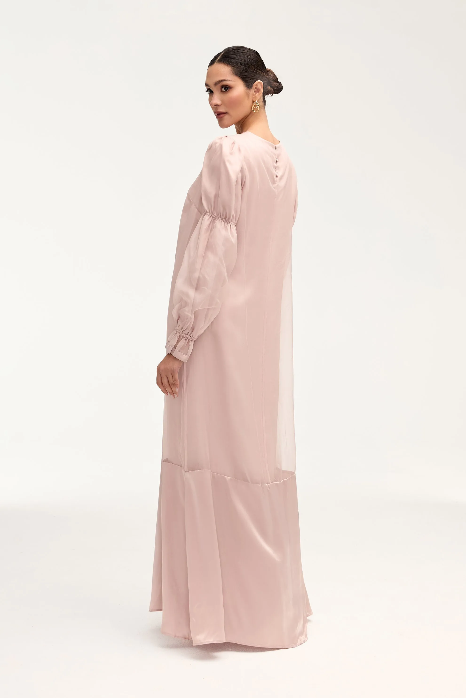 Silk Organza Satin Trim Maxi Dress - Sepia Rose