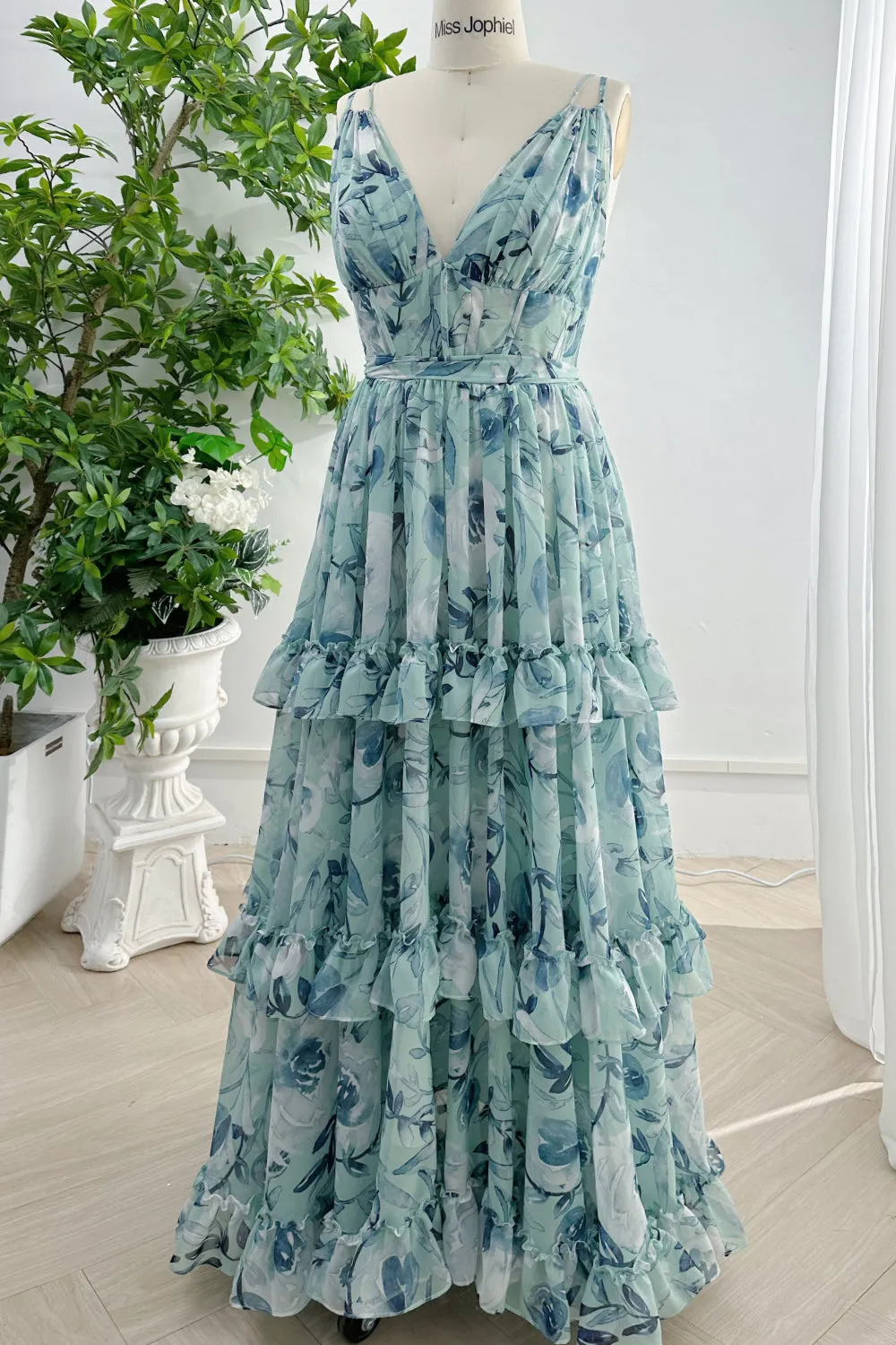 Straps V Neck Corset Tiered Floral Chiffon Long Dress