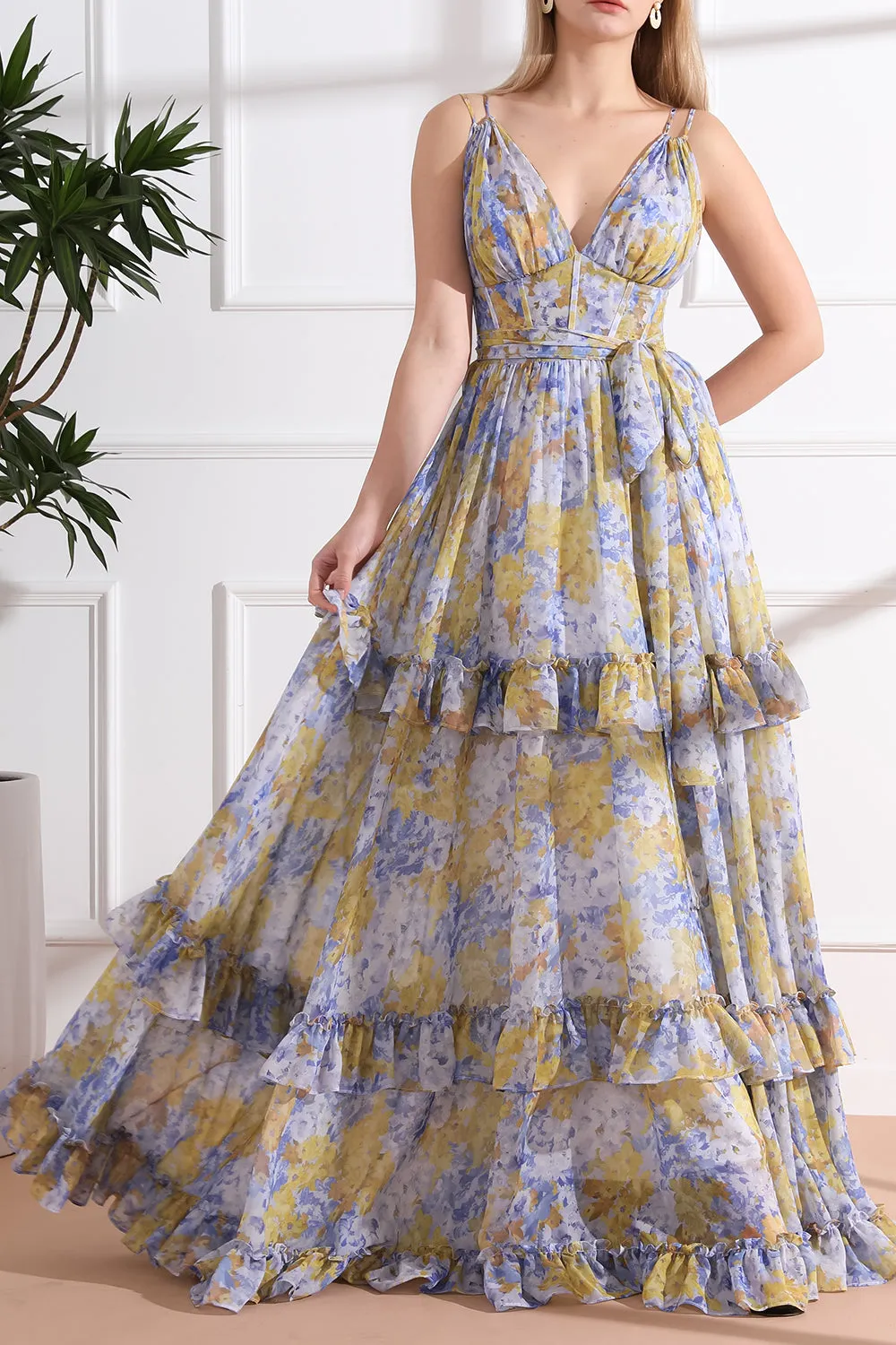 Straps V Neck Corset Tiered Floral Chiffon Long Dress