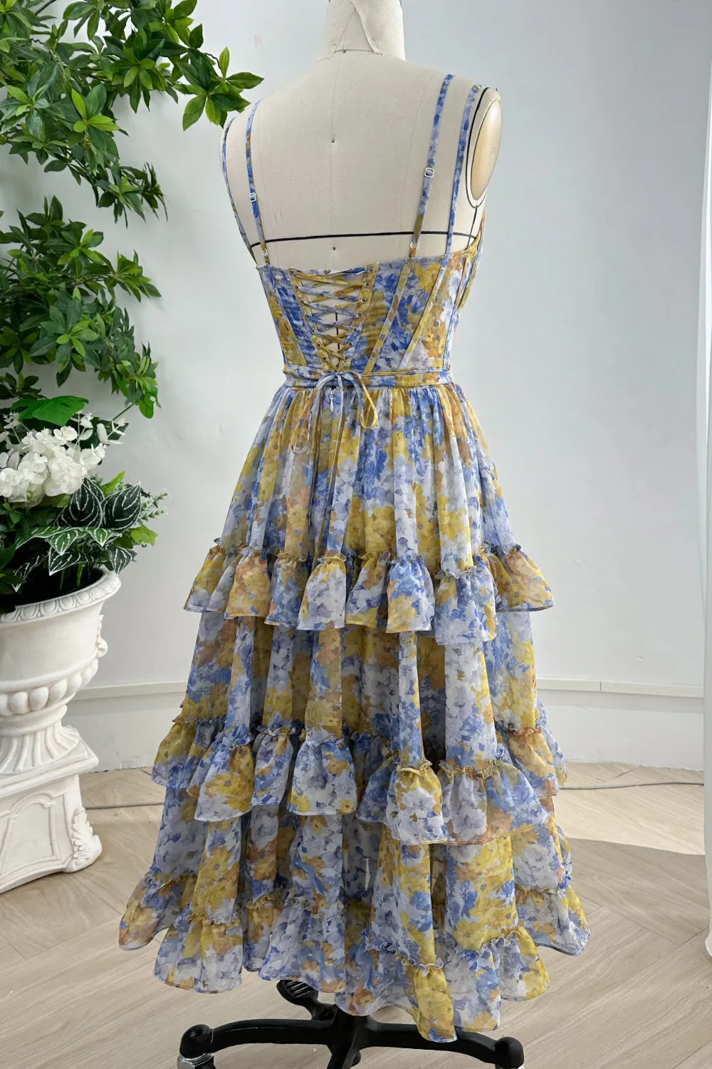 Straps V Neck Corset Tiered Floral Chiffon Long Dress