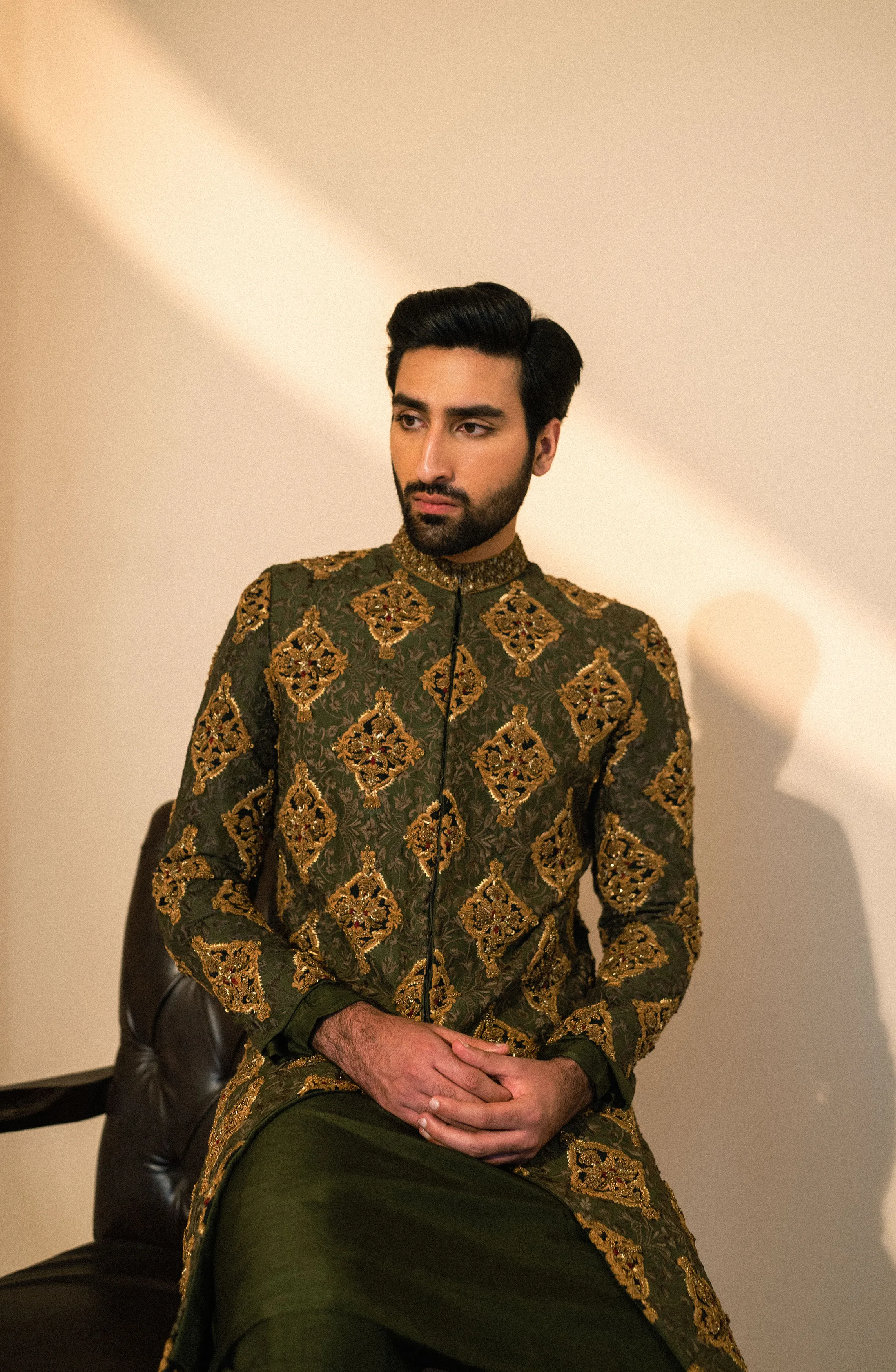 Tassawur - Olive Green Silk Sherwani Paired with Kurta and Pants