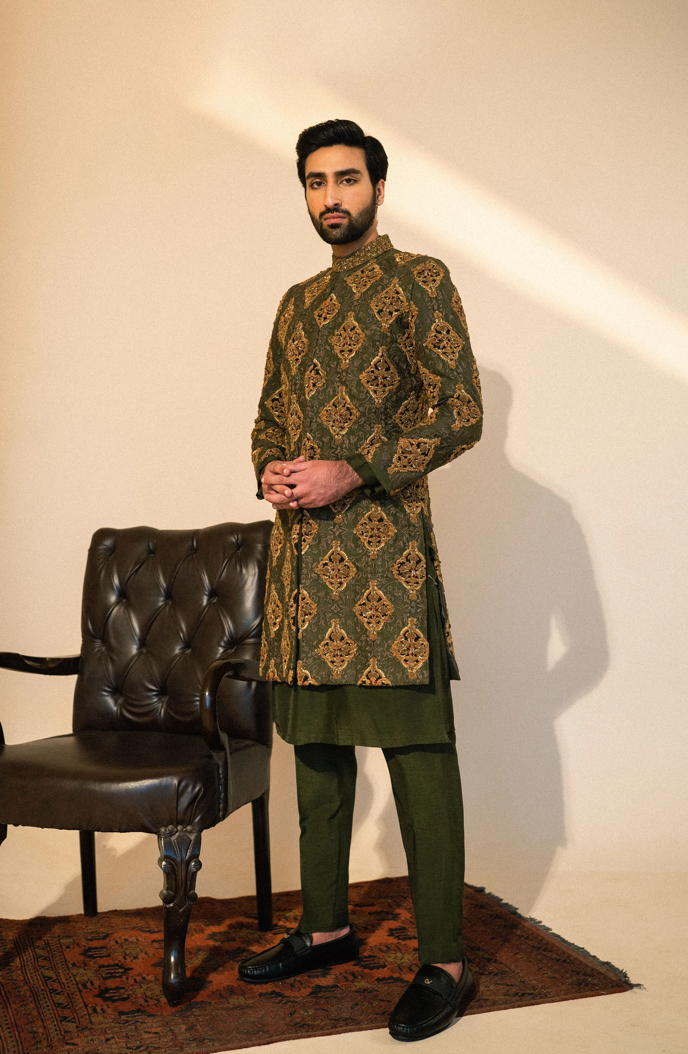 Tassawur - Olive Green Silk Sherwani Paired with Kurta and Pants