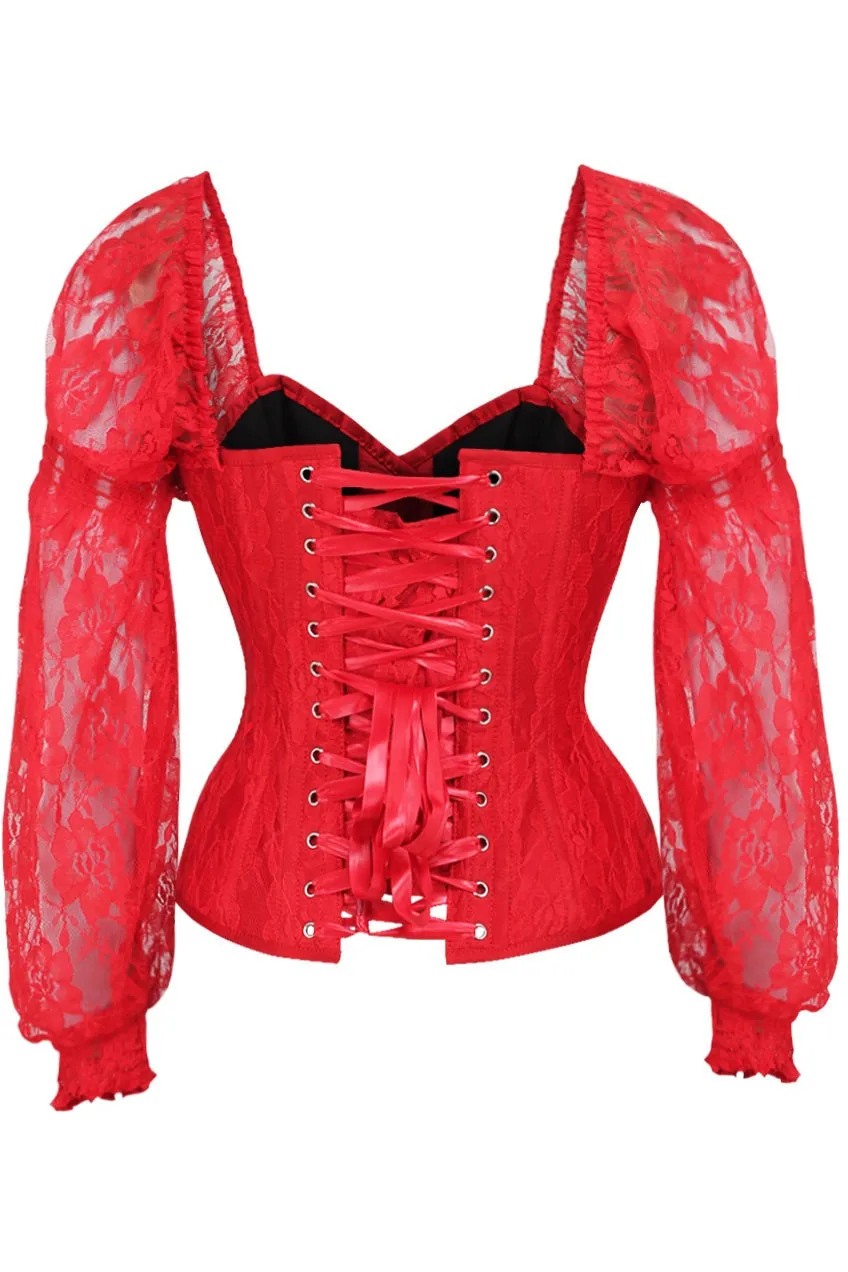 Top Drawer Red w/Red Lace Steel Boned Long Sleeve Corset