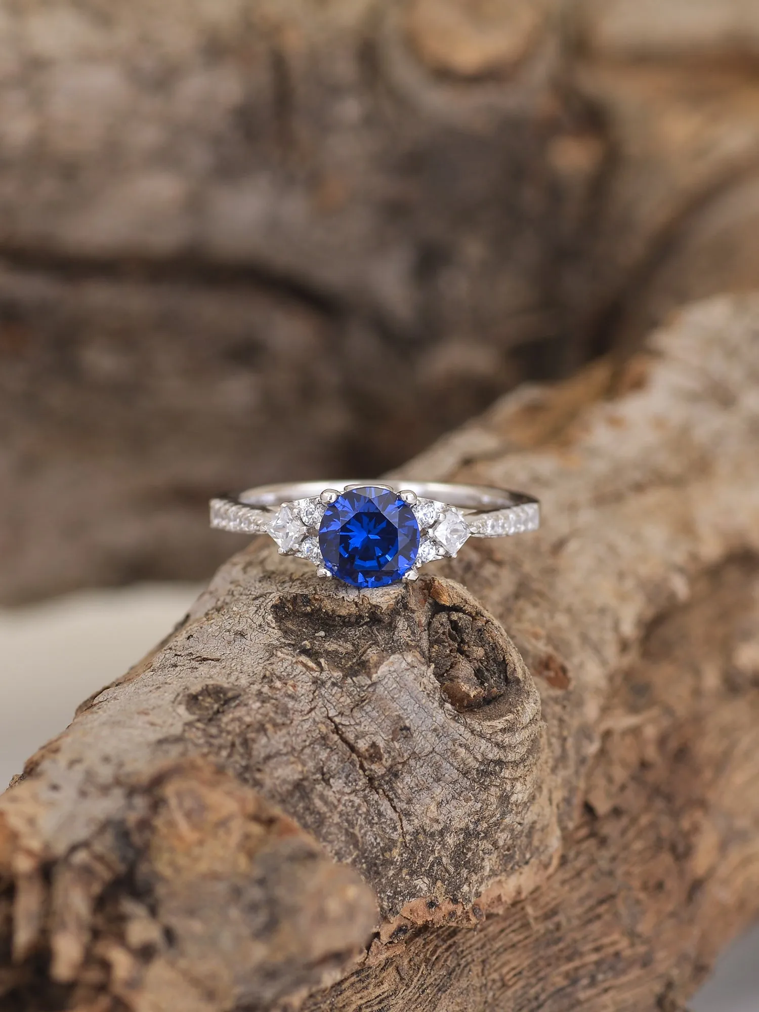 Trio Solitaire Blue Sapphire Silver Ring For Women