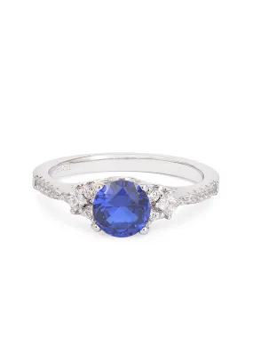 Trio Solitaire Blue Sapphire Silver Ring For Women