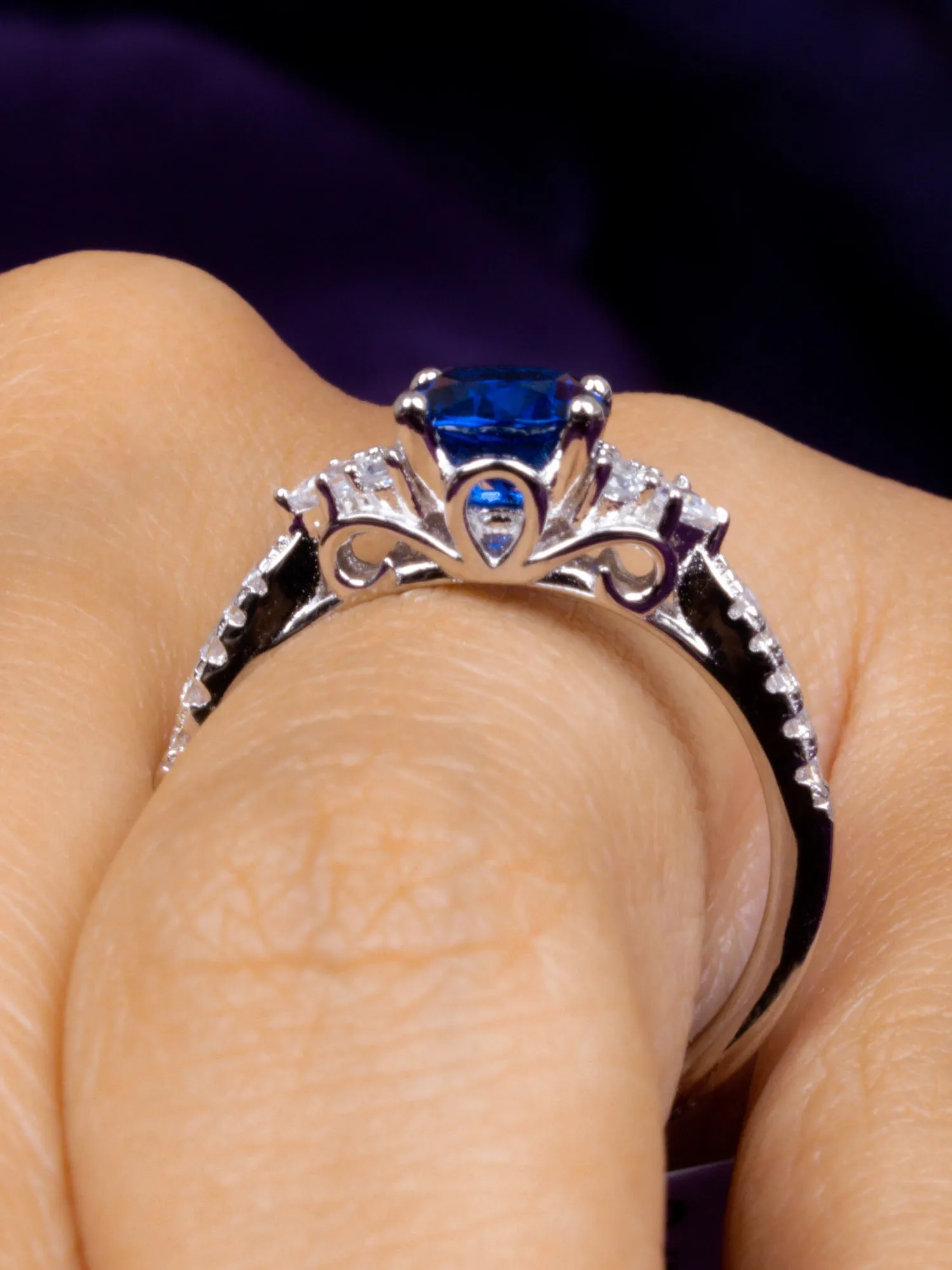 Trio Solitaire Blue Sapphire Silver Ring For Women