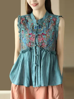 Women Vintage Embroidery Frog Agaric Lace Sleeveless Shirt