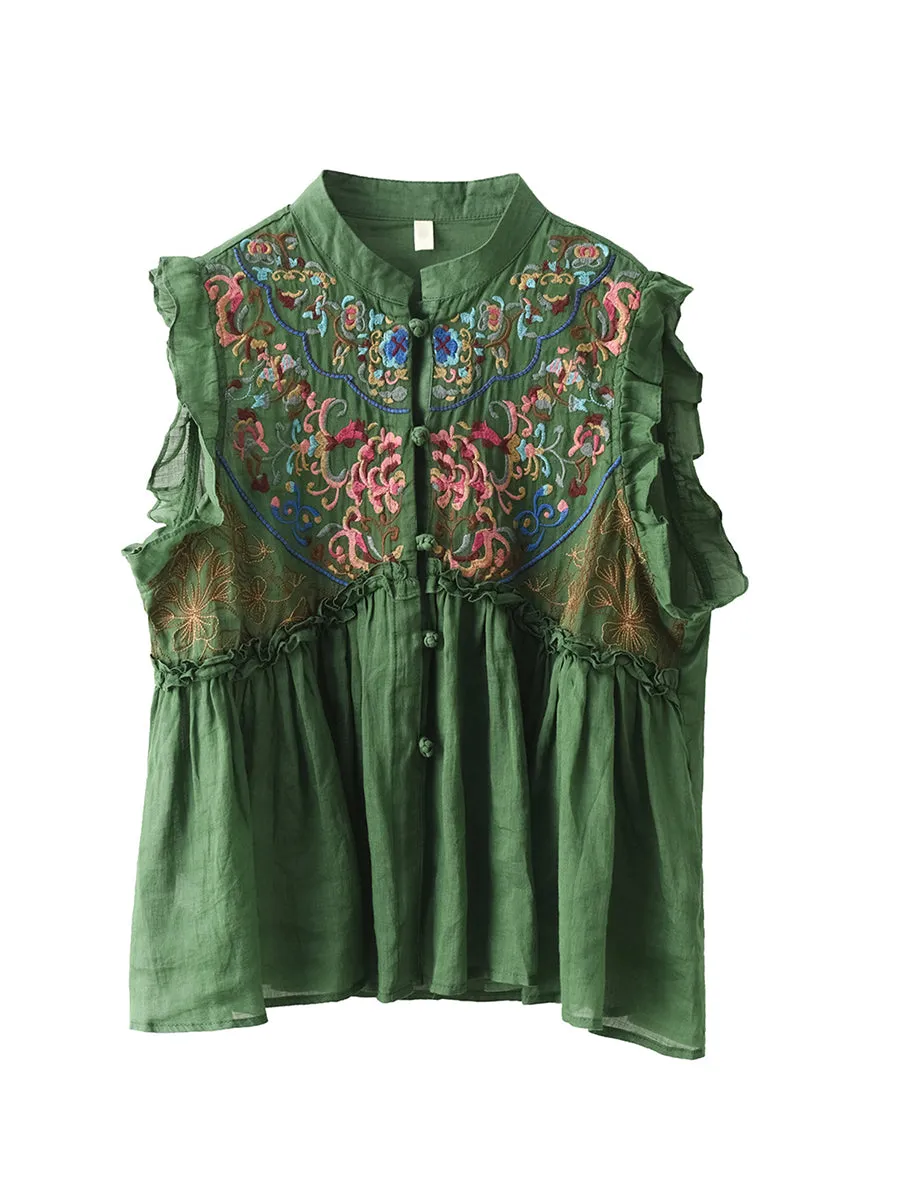 Women Vintage Embroidery Frog Agaric Lace Sleeveless Shirt