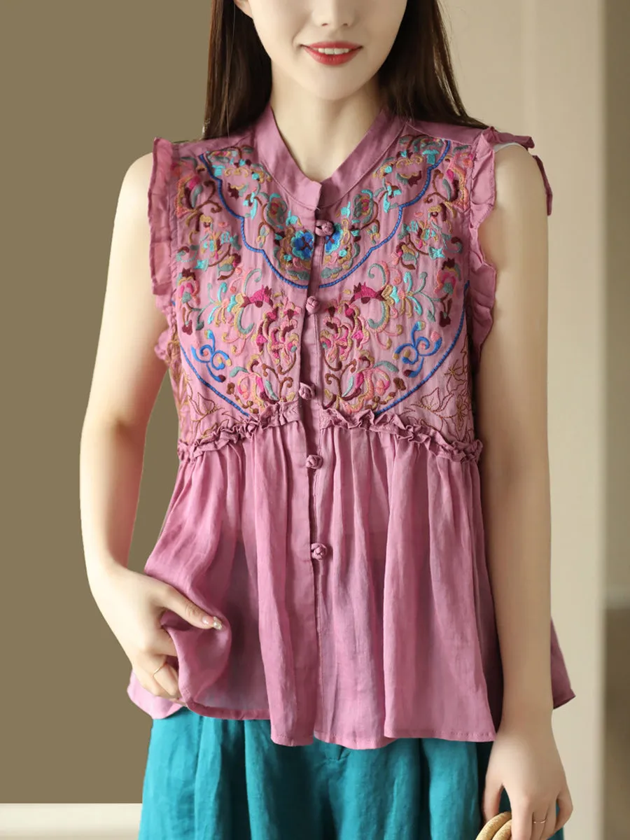 Women Vintage Embroidery Frog Agaric Lace Sleeveless Shirt