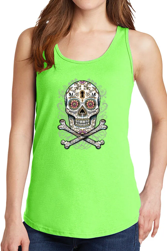 Women's Floral Skull with Crossbones Core Cotton Tank Tops -XS~4XL