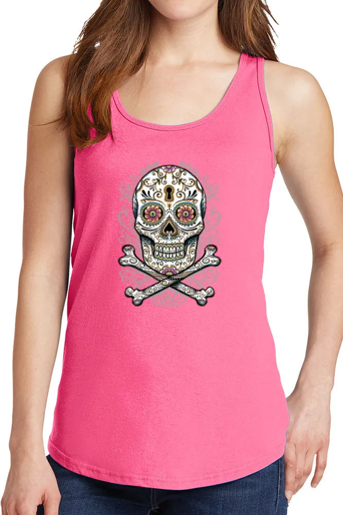 Women's Floral Skull with Crossbones Core Cotton Tank Tops -XS~4XL