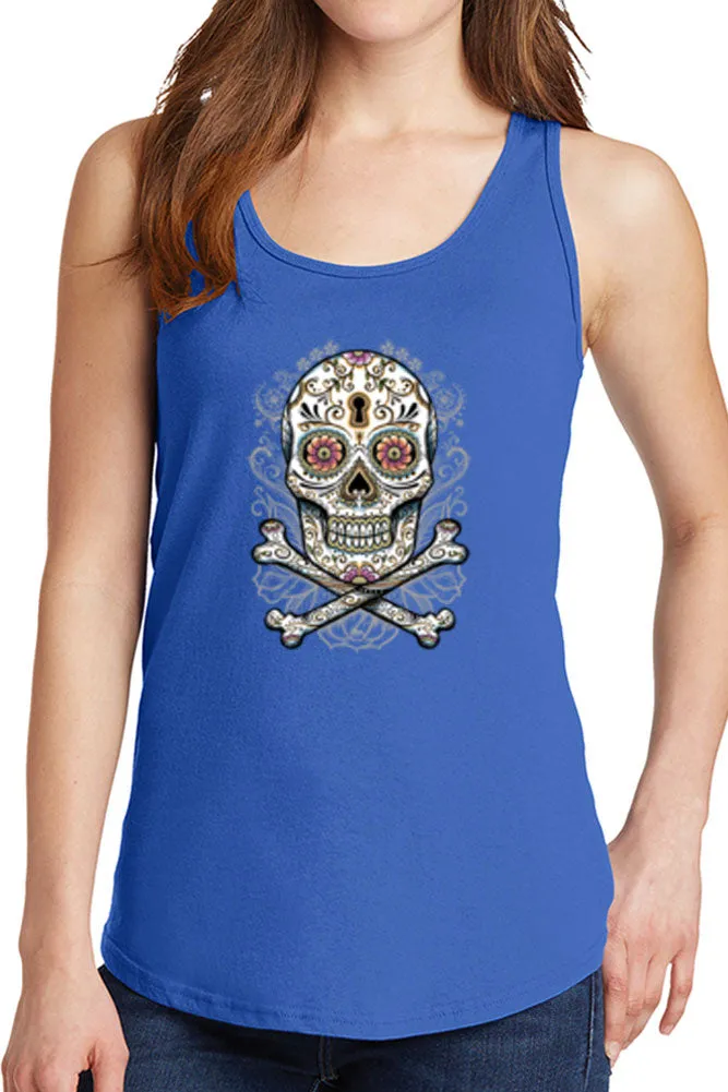 Women's Floral Skull with Crossbones Core Cotton Tank Tops -XS~4XL