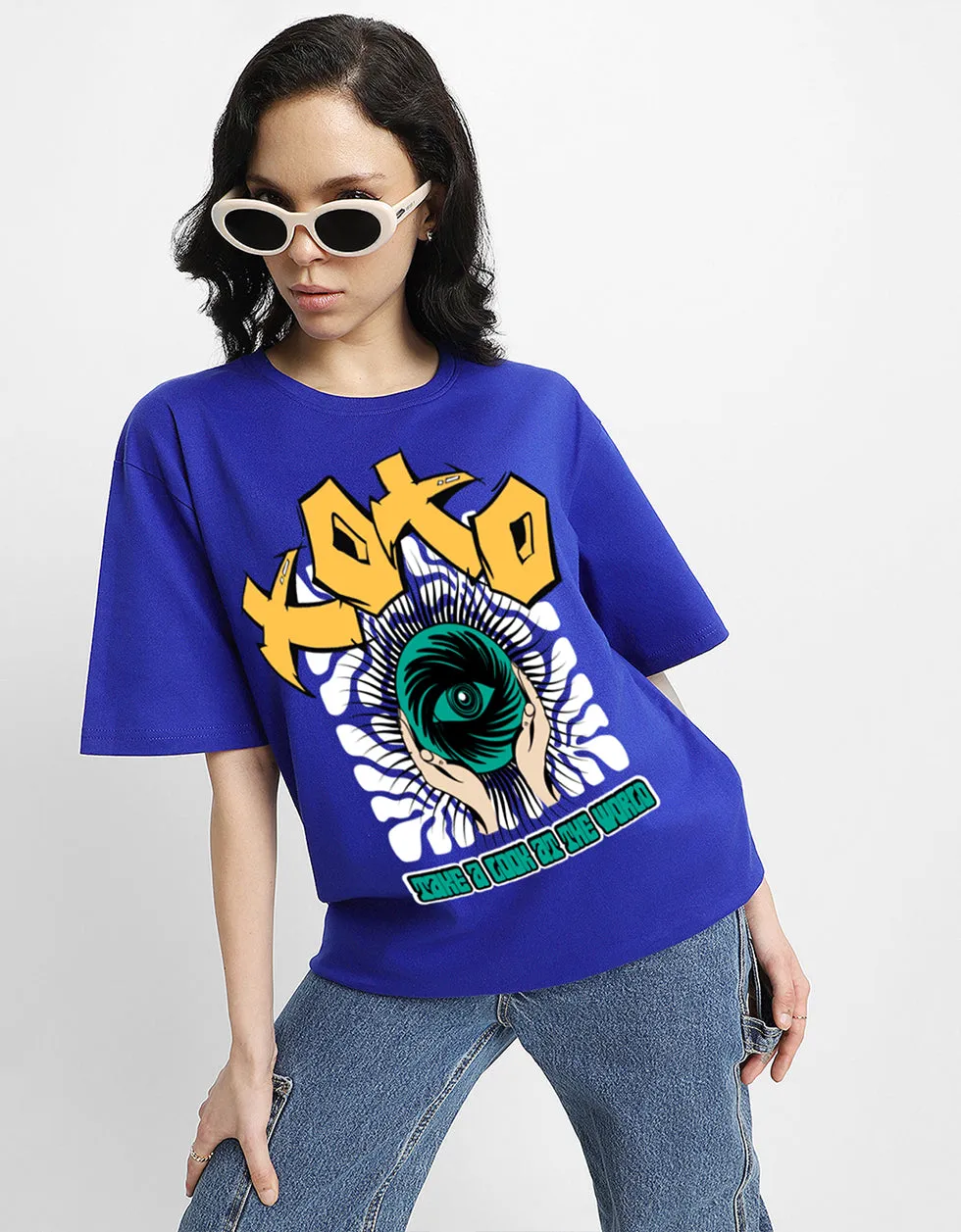 XOXO Women Printed Blue Men's Front Typographic Printed Tshirt